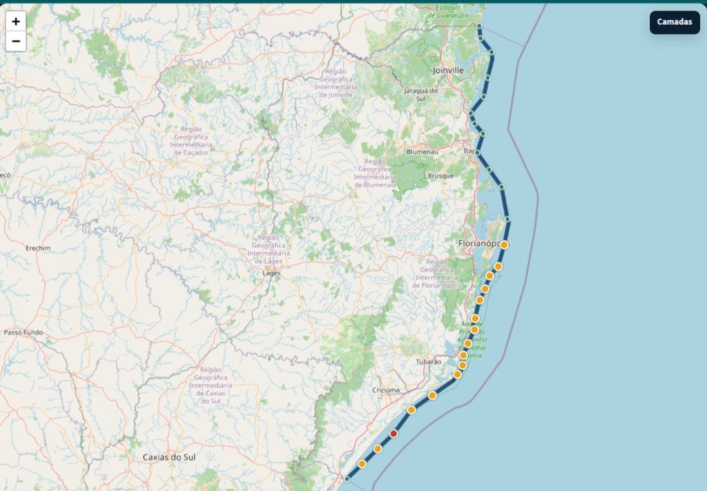 Mapa do Navega SC mostrando o limite da Área Interior 2 ao longo do litoral de Santa Catarina.